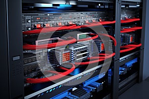 Closeup server equipment for massive data connection. Generative AI