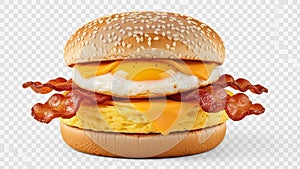 CloseUp SesameSeedBun BreakfastSandwich With CrispyBacon FriedEgg And MeltedCheese OnWhiteBackground