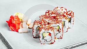 Closeup of a set of delicious fresh  sushi rolls served on a white plate