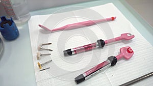 Closeup of a set of tools for dental treatment