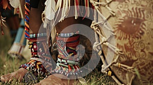A closeup of the shamans feet adorned with beaded anklets as they stamp and stomp to the beat of the drums