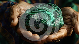 A closeup of a shamans hands cupping a large piece of tumbled malachite. The rich green color seems to pulsate with