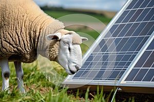closeup of a sheep grazing near groundmounted solar panels on a farm