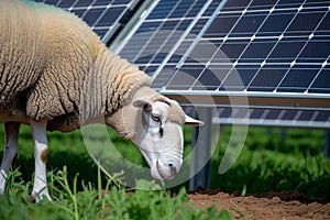 closeup of a sheep grazing near groundmounted solar panels on a farm