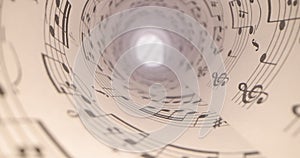 Closeup sheet music. The camera glides over the score - perspective view, close-up, musical notes around. Musical background