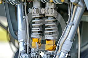 closeup of shock absorbers and struts on aircraft gear