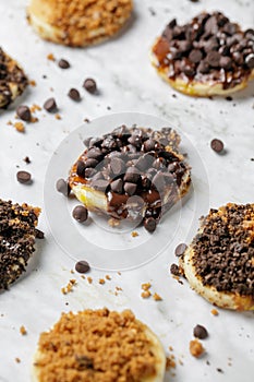 Closeup shoot of pancake with chocolate chip topping