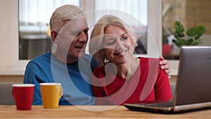 Closeup shoot of senior happy couple using the laptop on the desk with cups with tea indoors in a cozy apartment