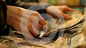 A closeup of a shoppers hands as they eagerly flip through a pile of coupons searching for the best deal