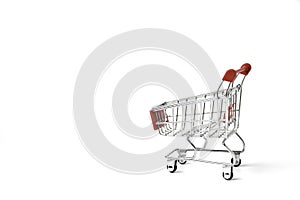 Closeup shopping cart for e-commerce or shopping concept on white background
