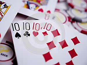 Closeup shot of 10 cards on poker chips