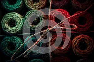 Closeup shot of abaca yarns with the reflection of red light photo
