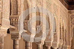 Closeup shot of adornments in the Nazaries palace in Alhambra, Granada, Spain