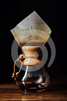 Closeup shot of alternative coffee in chemex with filter cone