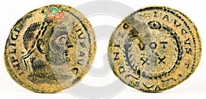 Closeup shot of an ancient Roman coin with emperor Licinius inscription