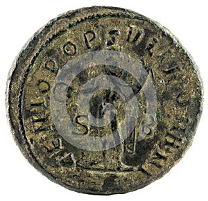 Closeup shot of an ancient Roman coin with emperor Maximianus inscription