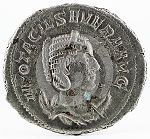 Closeup shot of an ancient Roman coin of Otacilia Severa, copper and silver, obverse