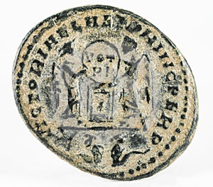Closeup shot of an ancient Roman copper coin of Emperor Constantine II, reverse