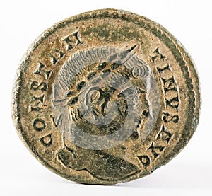 Closeup shot of an ancient Roman copper coin of Emperor Constantinus I Magnus, obverse