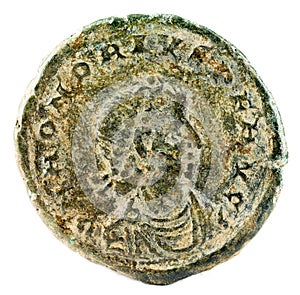 Closeup shot of an ancient Roman copper coin of Emperor Honorius, obverse
