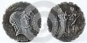 Closeup shot of ancient Roman denarius coin with Fufia family inscription