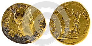 Closeup shot of ancient Roman gold aureus coin of Emperor Nero