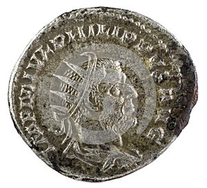 Closeup shot of an ancient Roman silver coin of Philip I, obverse