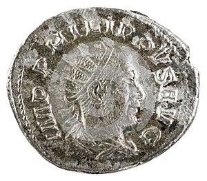 Closeup shot of an ancient Roman silver coin of Philip I, obverse