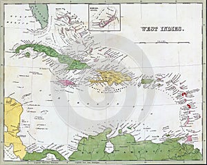 Closeup shot of an Antique map of Cuba and the Caribbean from the out of print 1841 Goodrich atlas