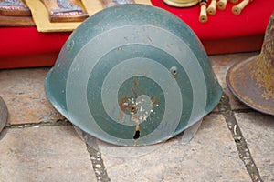 Closeup shot of an antique military helmet