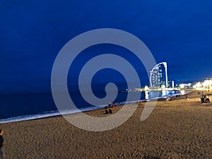 Closeup shot of the Barceloneta Beach, Barcelona, Spain in the evening