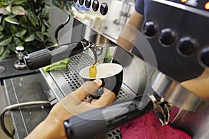 Closeup shot of barista's hands making a coffee