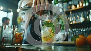 A closeup shot of a bartender skillfully muddling ingredients for a mocktail photo