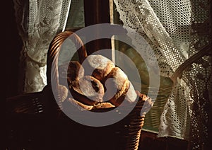 Closeup shot of a basket of fresh bread