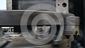 Closeup shot of bearing factory production. Industry concept. Machining process in factory. Metal working lathe in