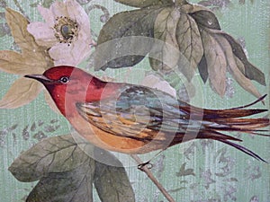 Closeup shot of a beautiful bird decoupage on a wooden furniture