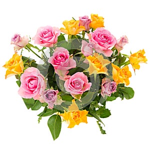 Closeup shot of a beautiful bouquet with pink and yellow roses isolated on a white background