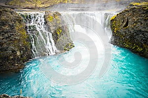 Closeup shot of the beautiful Sigoldufoss Waterfall in Landmannalaugar of Iceland