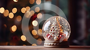 A closeup shot of a beautiful snow globe on the background of bokeh lights