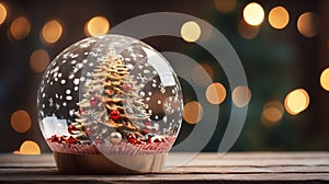 A closeup shot of a beautiful snow globe on the background of bokeh lights