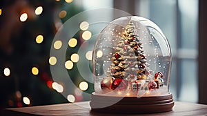 A closeup shot of a beautiful snow globe on the background of bokeh lights