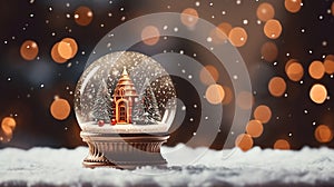 A closeup shot of a beautiful snow globe on the background of bokeh lights