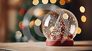 A closeup shot of a beautiful snow globe on the background of bokeh lights