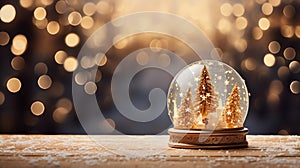 A closeup shot of a beautiful snow globe on the background of bokeh lights