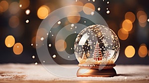 A closeup shot of a beautiful snow globe on the background of bokeh lights