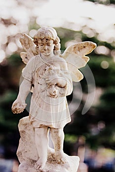 Closeup shot of a beautiful white angel statue in the park of Purewa with a blurred background
