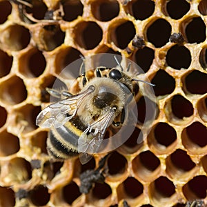 Closeup shot of bee and honeycomb, highlighting natural intricacies