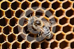 Closeup shot of bee and honeycomb, highlighting natural intricacies