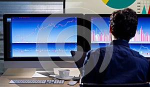 Closeup shot of big center monitor showing company analysis target circle graph and chart report in trading room full of computer