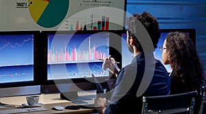 Closeup shot of big center monitor showing company analysis target circle graph and chart report in trading room full of computer